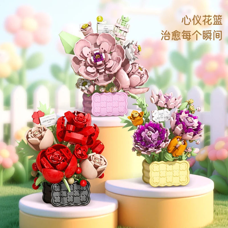Rose Eternal Flower Basket Potted Plants Mini Particle Building Block,DIY Sunflower Flower Ornament Assembled Toy,For Kids Gifts