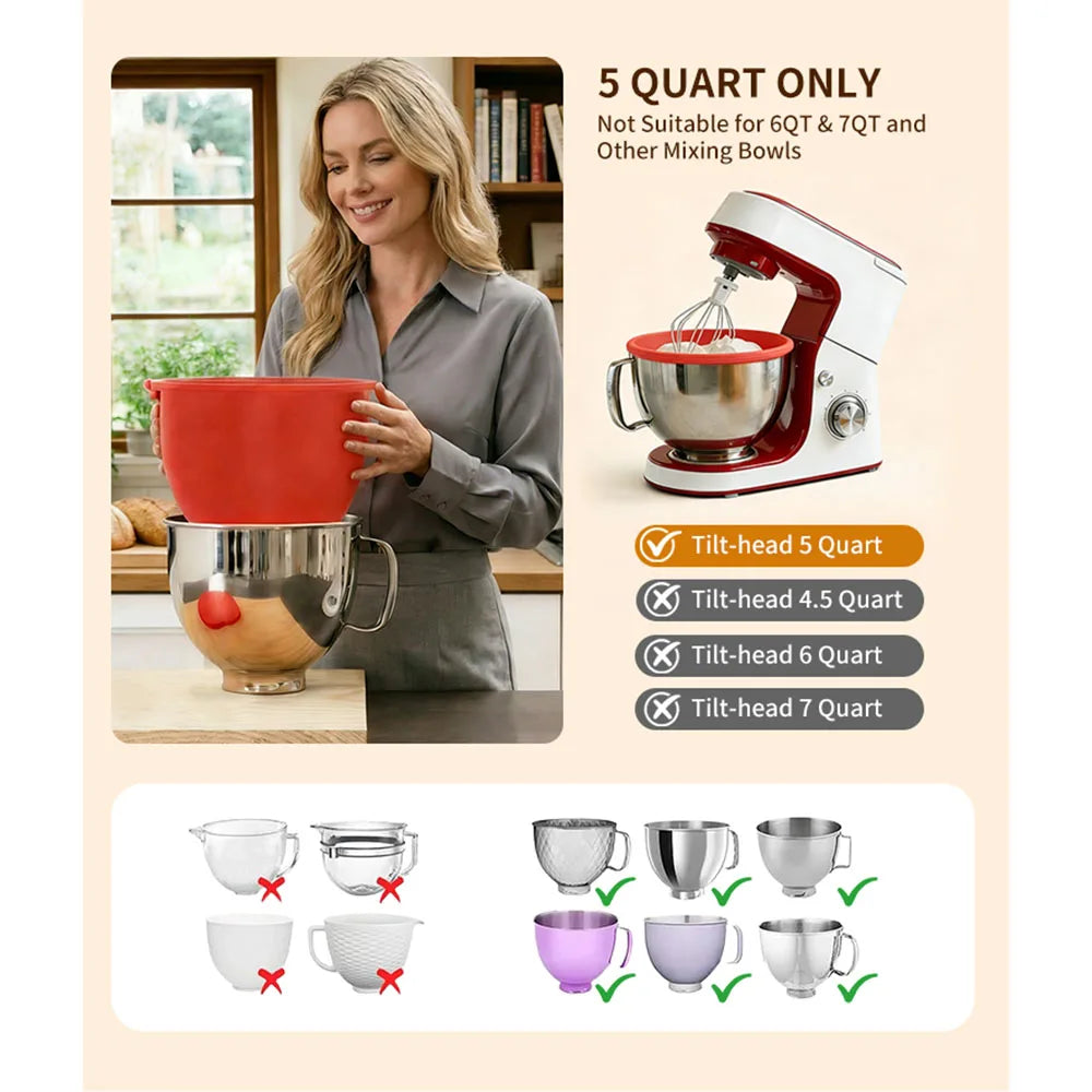 Silicone Bowl With Lids for Kitchen Aid Tilt-Head 5 Qt Mixer Heat Resistant Non Slip Reusable Mixer Attachment Baking Accessory