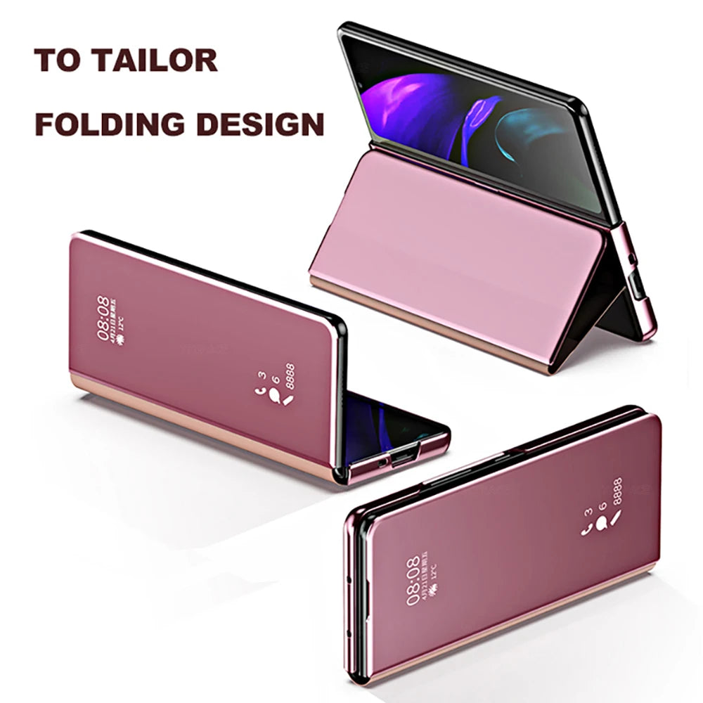 6 Colors Mirror Clear View Stand Flip Case For Samsung Galaxy Z Fold 2 3 4 5 6 7 Full Cover Folding Plathing Phone Cover