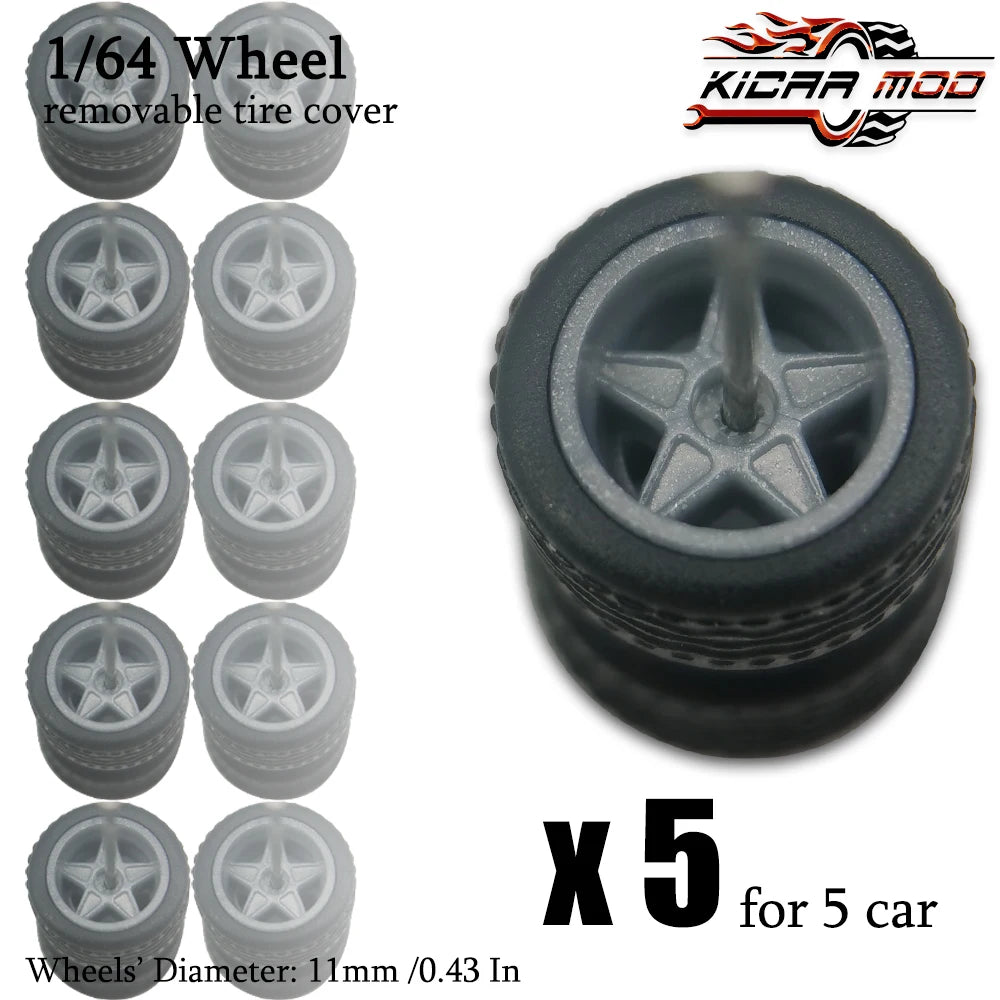 1/64 Wheels with Detachable Rubber Tires Electroplated Color for Toy Model Diecast Cars Refiting Parts for Hotwheels (5 sets)