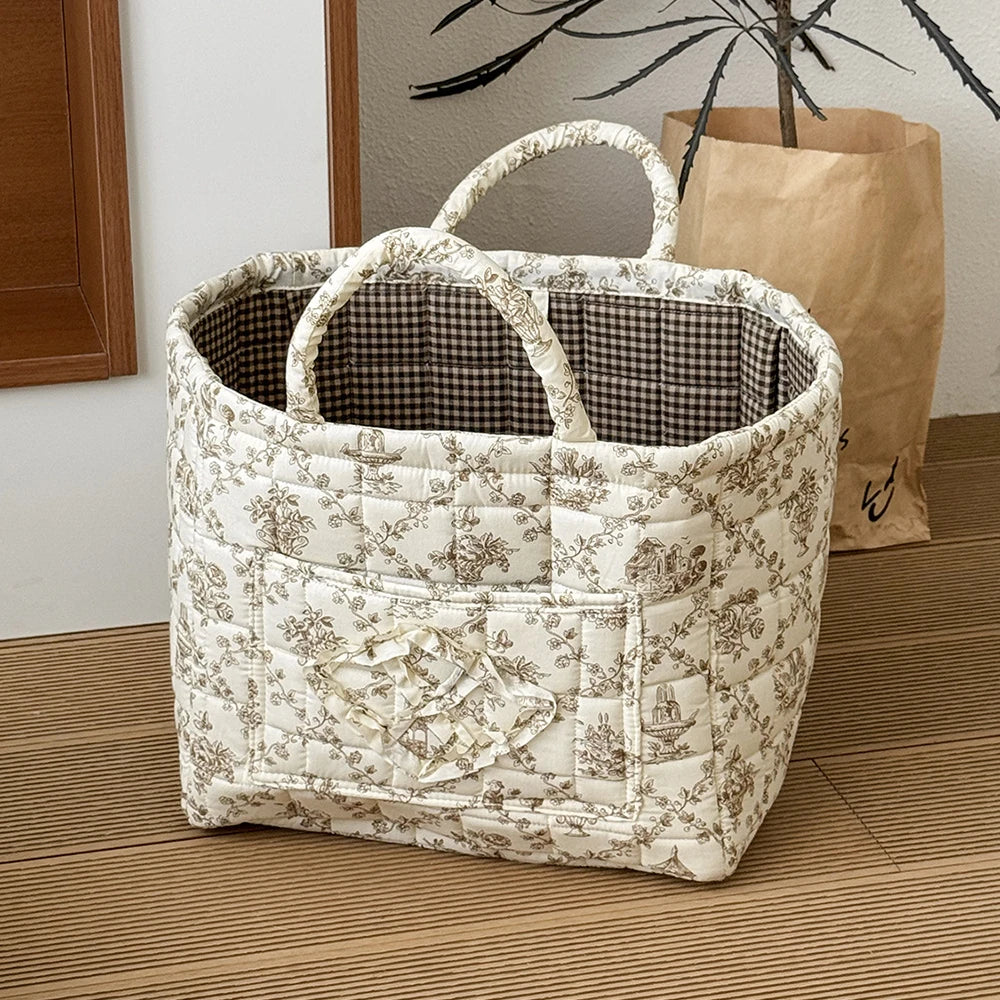 Airfriend Vintage Floral Organizers Basket With Handle Portable Home Room Quilted Foldable Storage Basket For Snack Clothes Toys