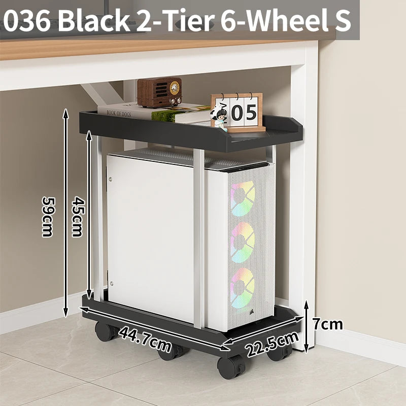 Adjustable Mobile CPU Stand with Wheels, Desktop PC Tower/Printer Cart Shelf, Black/White