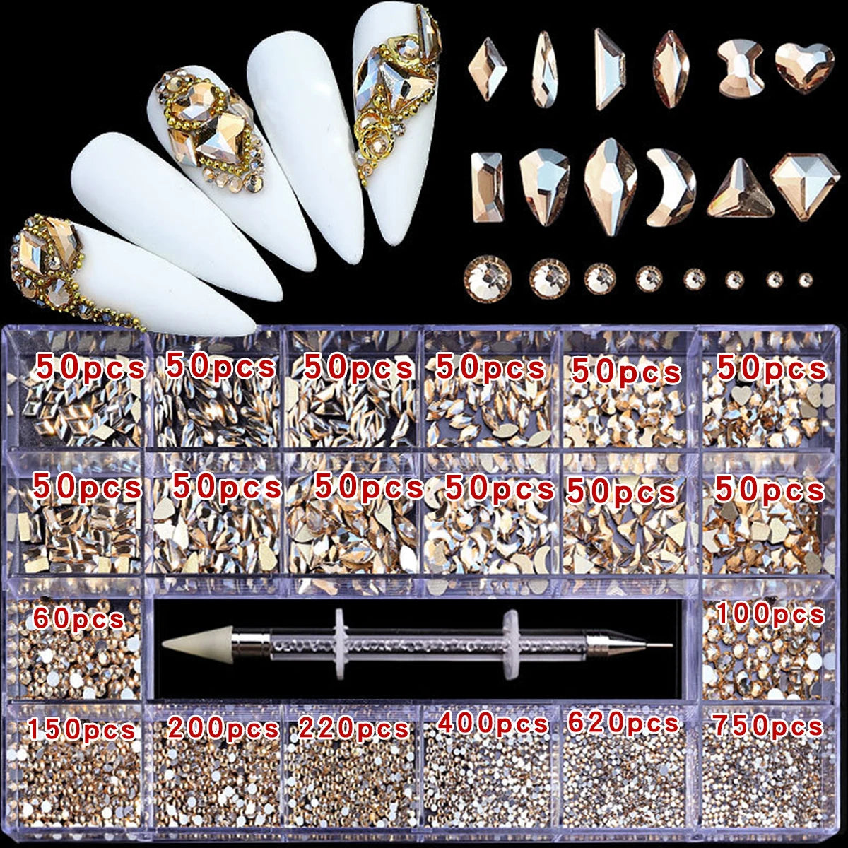 21 grid rhinestone box mixed nail diamond Flat glass shaped diamond DIY nail rhinestone nail jewelry set