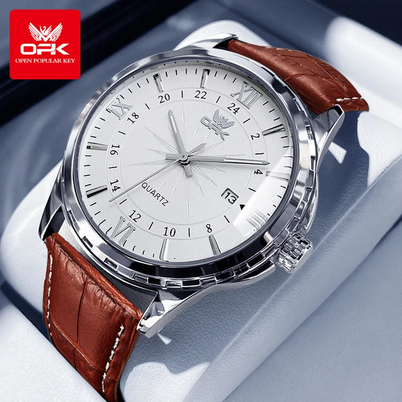 OPK Quartz Watch Men Comfortable Leather Strap Waterproof Fashion Dress Wristwatch Man