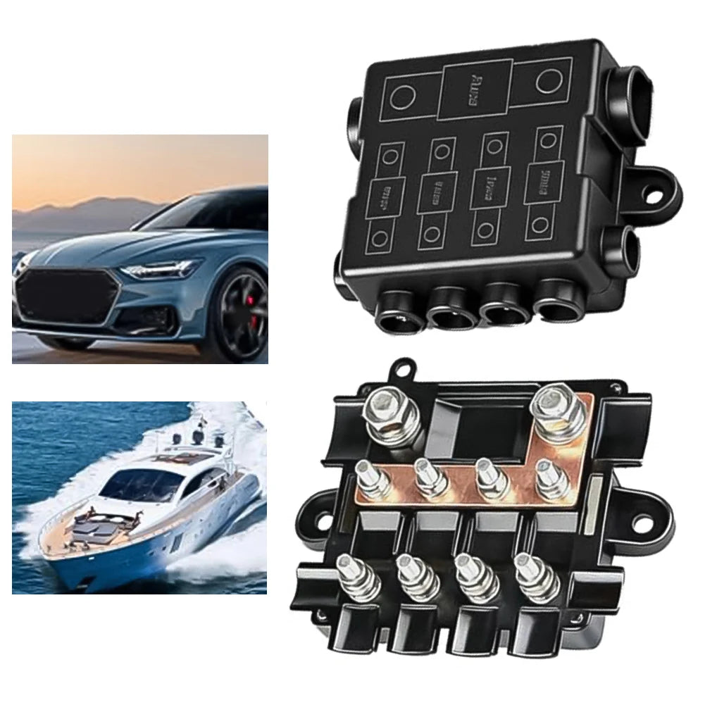 Fuse Holder For 1x-MEGA + 4x -MIDI Fuses With Busbar & Protective Cover High Strength ABS Stable Current Distribution -Universal