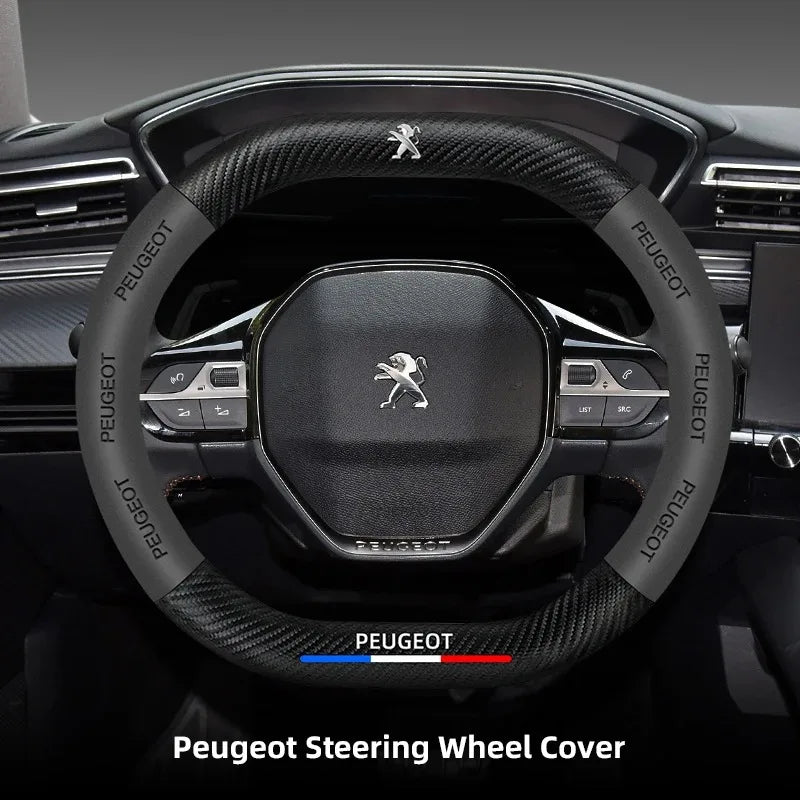 Steering Wheel Cover Leather Carbon Fiber Look Non-Slip for Peugeot 208-508, Carbon Black/Red/Orange
