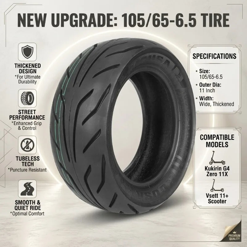 105/65-6.5 Tubeless Scooter Tire 11in Wide Thick Street Tire for Kukirin G4, Zero 11X