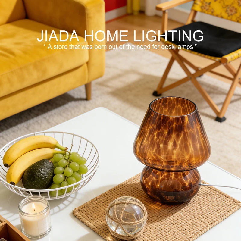 Glass Mushroom Table Lamp, Coffee Color Lampshade, Bedside Bedroom Decor Light