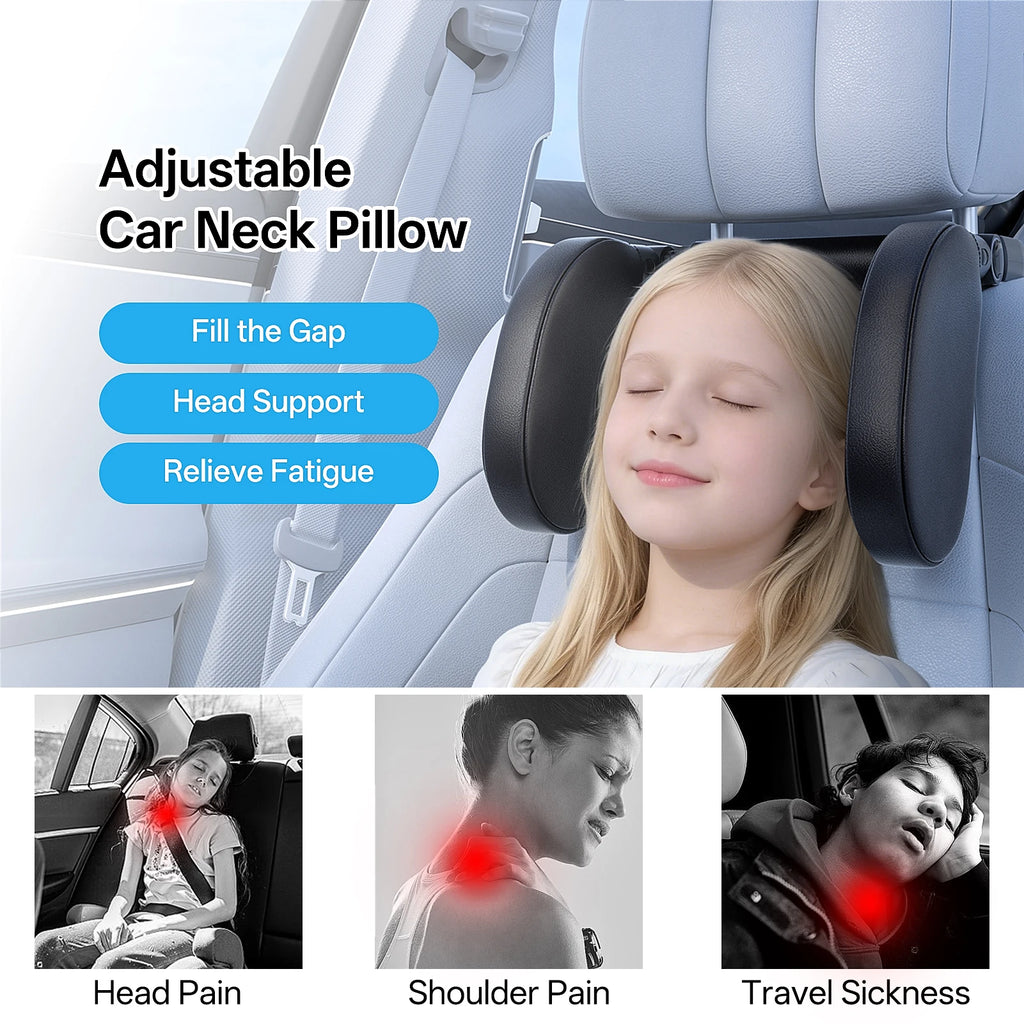 Car Headrest Neck Support Pillow with Hidden Hanger, 180° Rotating, Black Cloth/Leather