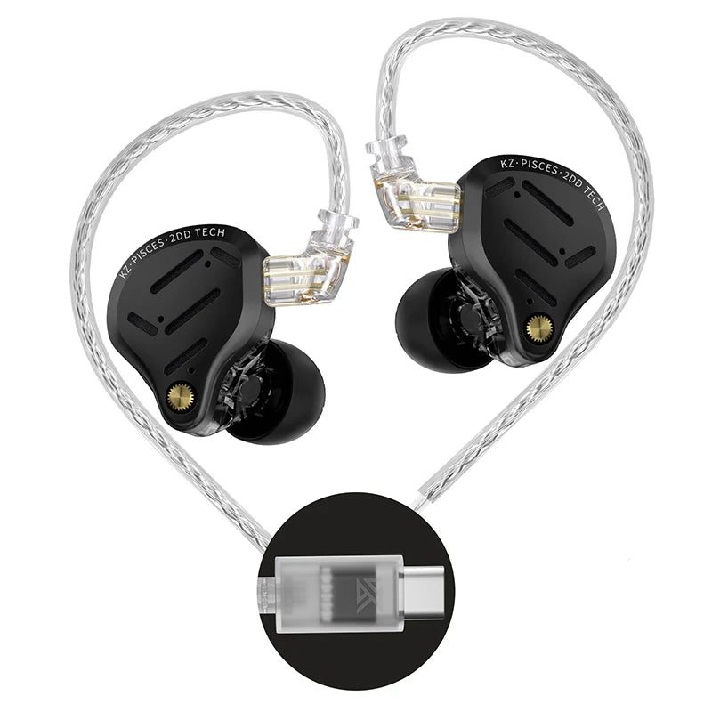 KZ Pisces Dual Dynamic Driver In-Ear Earphones with Tuning Switch, 3.5mm/USB-C, Mic Options