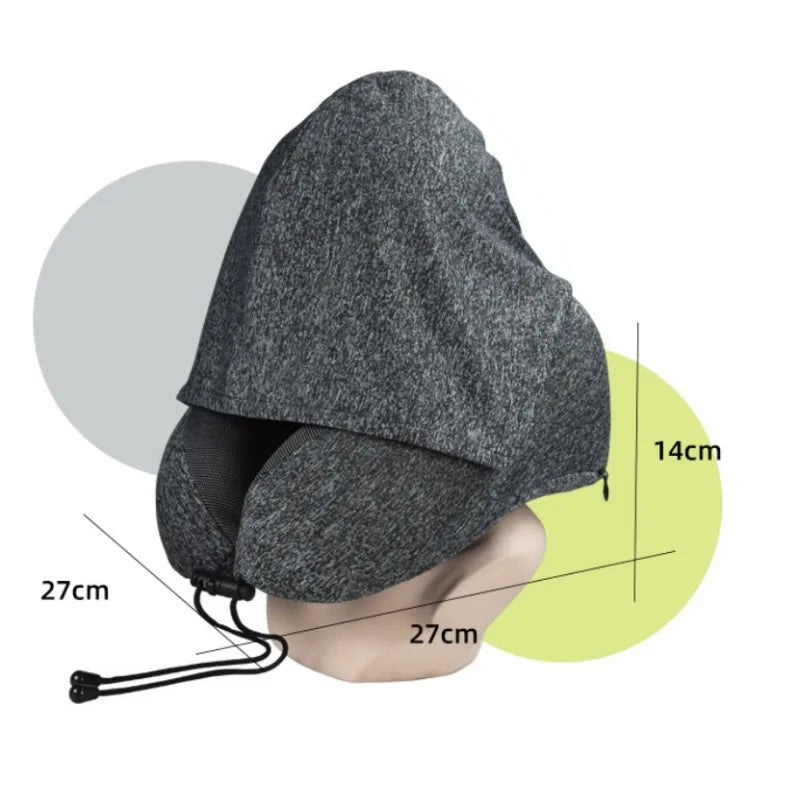 Hooded U-Shaped Travel Neck Pillow, Memory Foam, Removable Washable Cover, 27x27x14cm