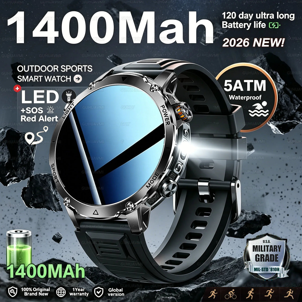 1.7in Sports Smartwatch 1400mAh Battery Bluetooth Call SOS Flashlight Waterproof, Black