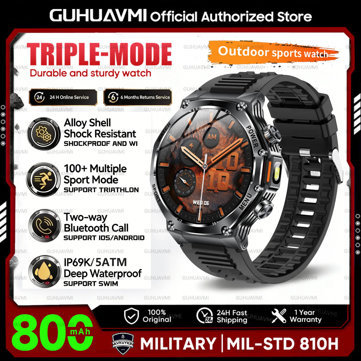 2026 New 800mAh Big Battery Smart Watch Men Outdoor GPS Flashlight 5ATM Waterproof Bluetooth Call AMOLED HD Sports Smartwatches