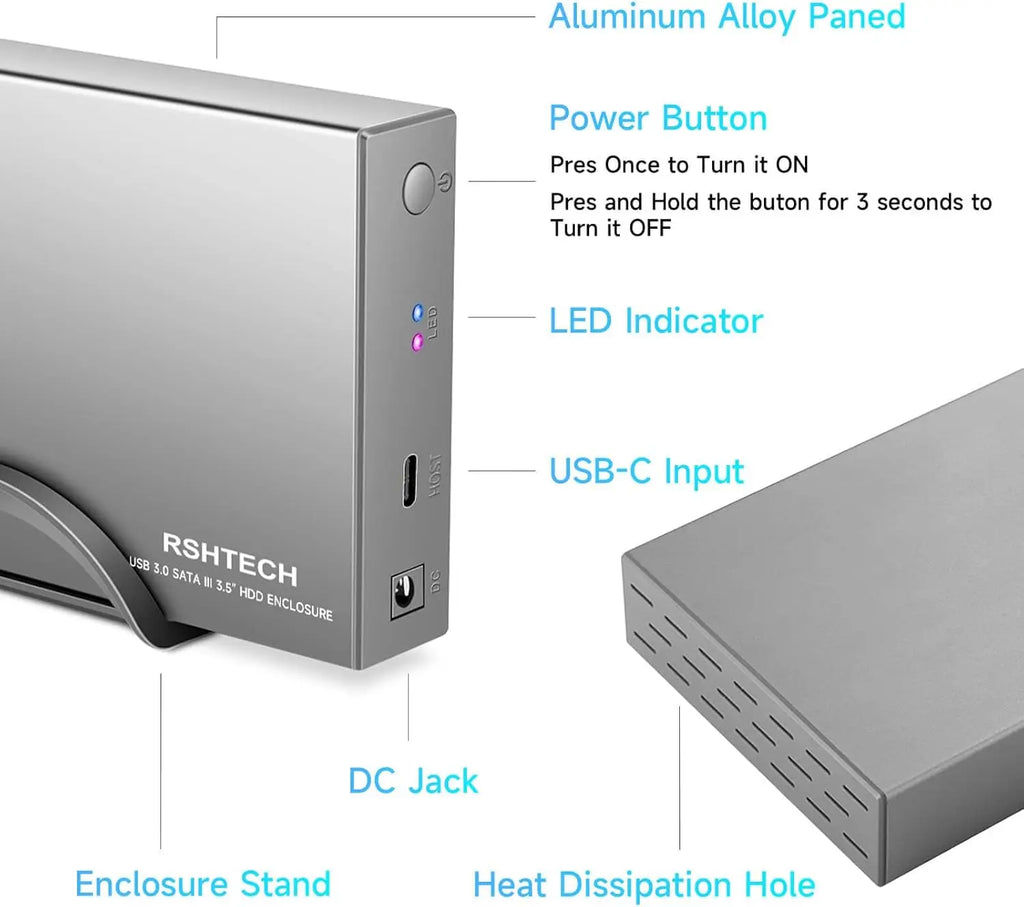 RSHTECH Upgraded Hard Drive Enclosure Aluminum USB C to SATA External Hard Drive Dock Case for 3.5" HDD & SSD up to 22TB UASP