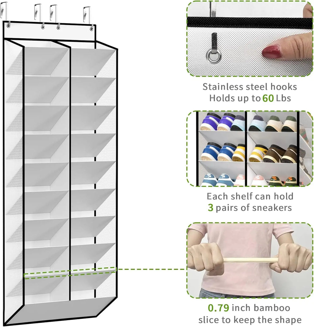 Over the Door Shoe Organizer Hanging Rack, 20 Pocket, Black/Grey/White, 1pc or 2pc