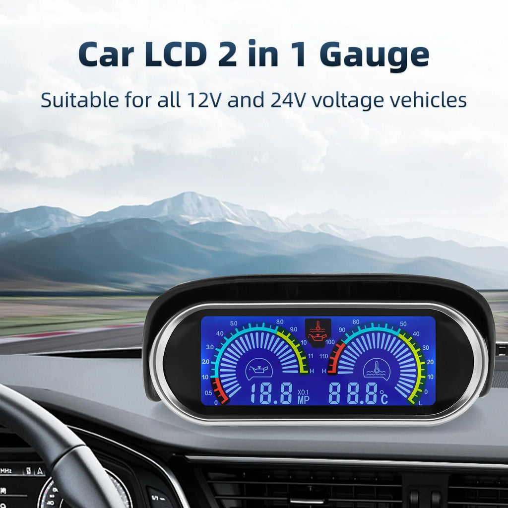 2 In 1 LCD Car Digital Oil Pressure Gauge Water Temp Meter 1/8 NPT Oil Pressure sensor  Water Temperature Sensor 10mm