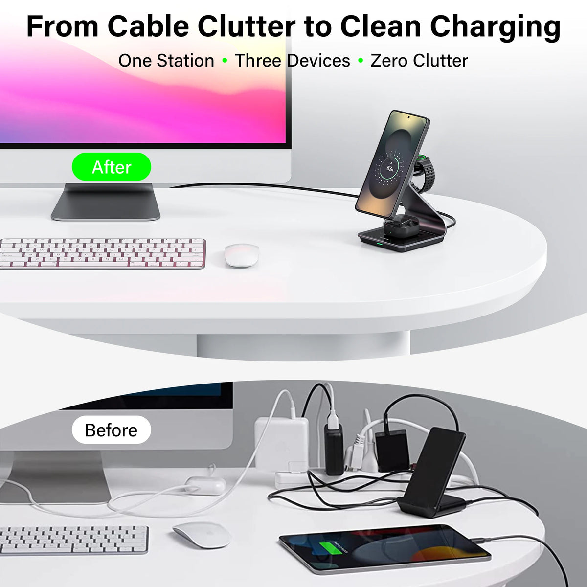 Bonola 3-in-1 Magnetic Wireless Charger Stand, Black, for Samsung Galaxy S24 Ultra + Watch + Earbuds