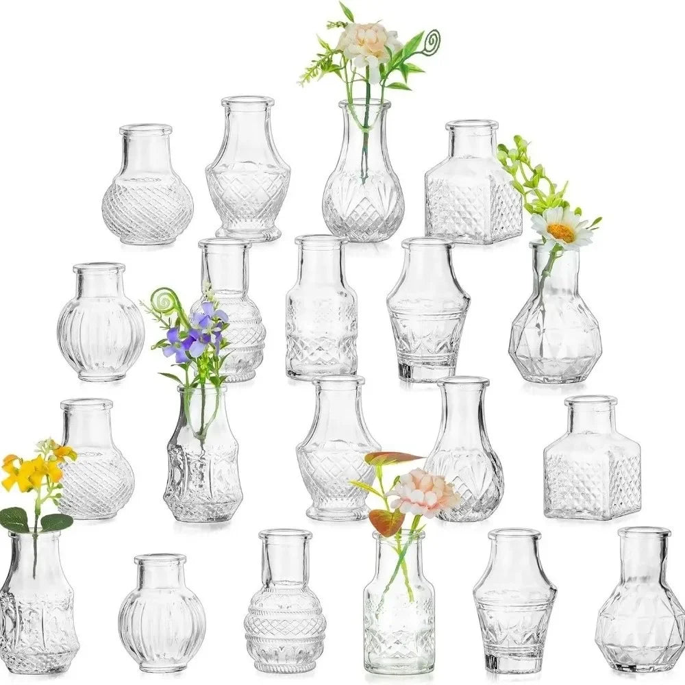 Mini Glass Bud Vase Set 10pcs Clear/Amber/Green Retro Relief Desktop Wedding Decor