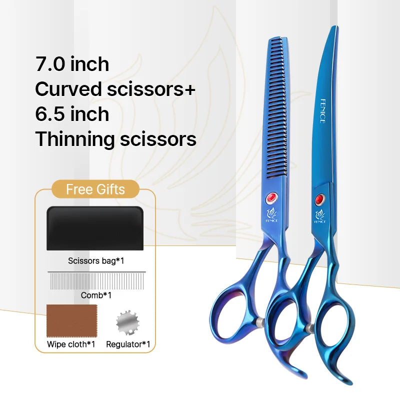 Fenice New design colorful 7.0 inch pet grooming scissors set straight thinning curved scissors
