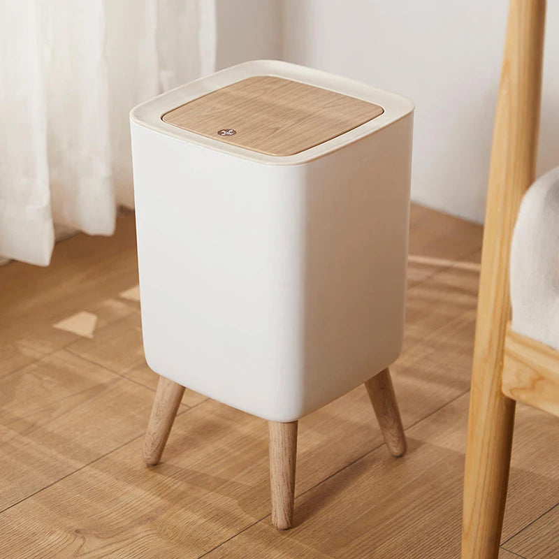 1 Piece High Clamshell Garbage Can, Suitable For Bedroom, Living Room, Bathroom, Press Trash Can, Imitation Wood Grain, White