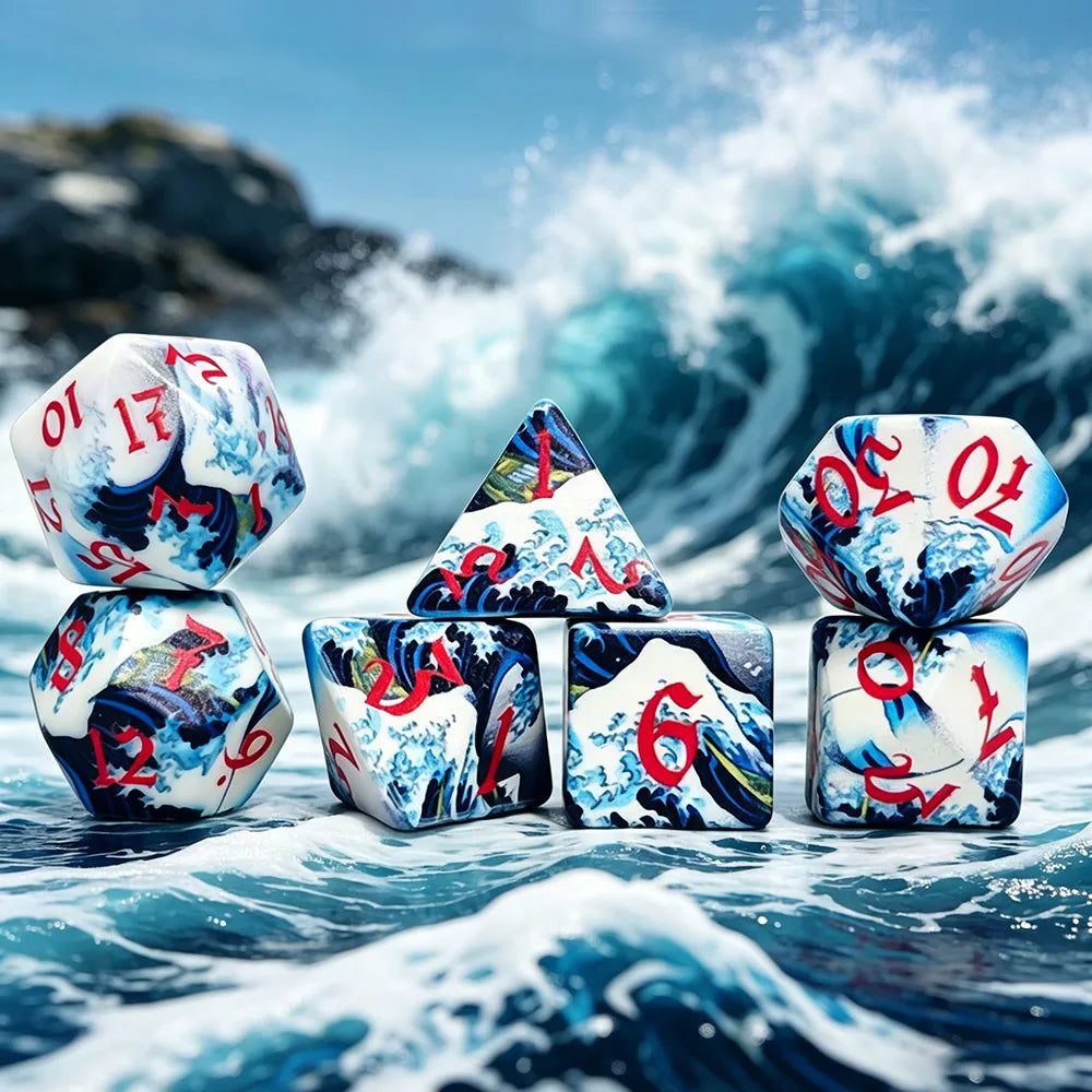 Wave Print Polyhedral Dice Set 7pc Colorful Brush DND RPG MTG Board Game Dice