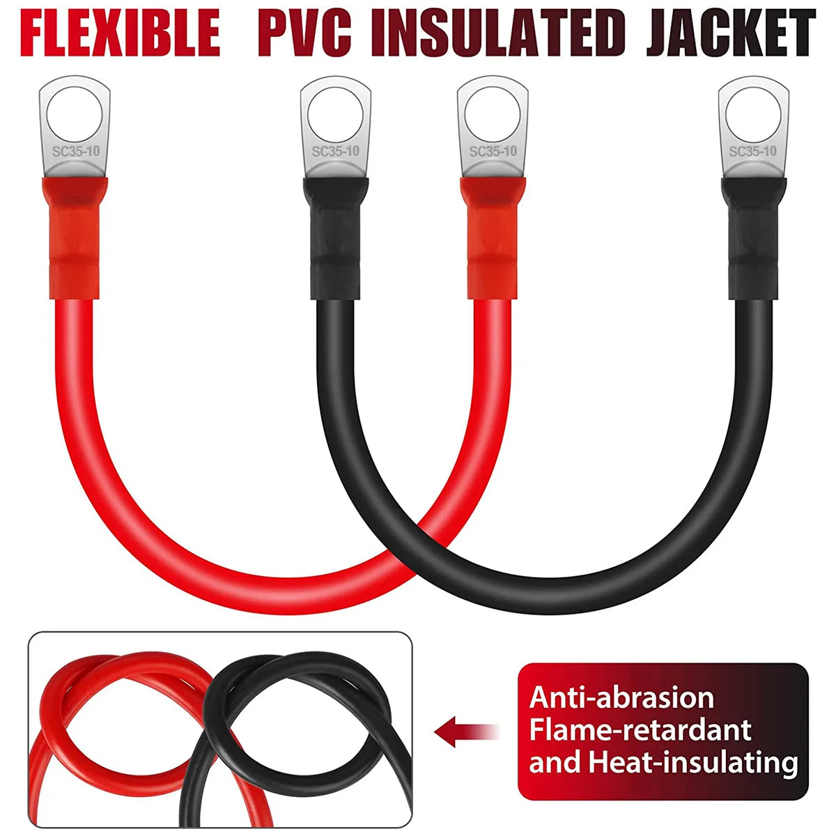 2Pcs Battery Inverter Cable 30cm 12V Copper Auto Battery Cable Waterproof Car Battery Leads  for Truck Motorcycle Solar RV Marin