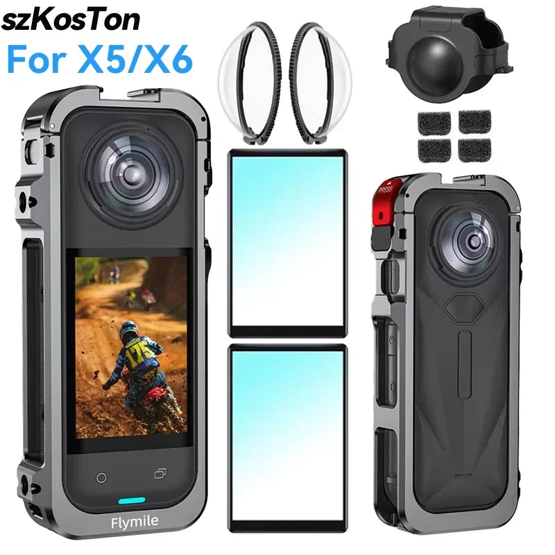 Aluminum Protective Case For Insta360 X5 Camera Frame Rabbit Cage With Silicone Lens Cover Cold Shoe For Insta 360 X5 Accessory
