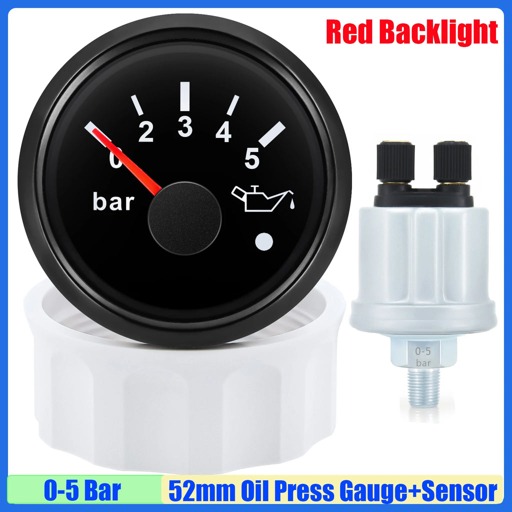 52mm Oil Pressure Gauge with Alarm Red LED 0-5 Bar 0-10Bar Oil Press Meter+Sensor 1/8NPT for Auto Car Marine Yacht 12V24V Custom