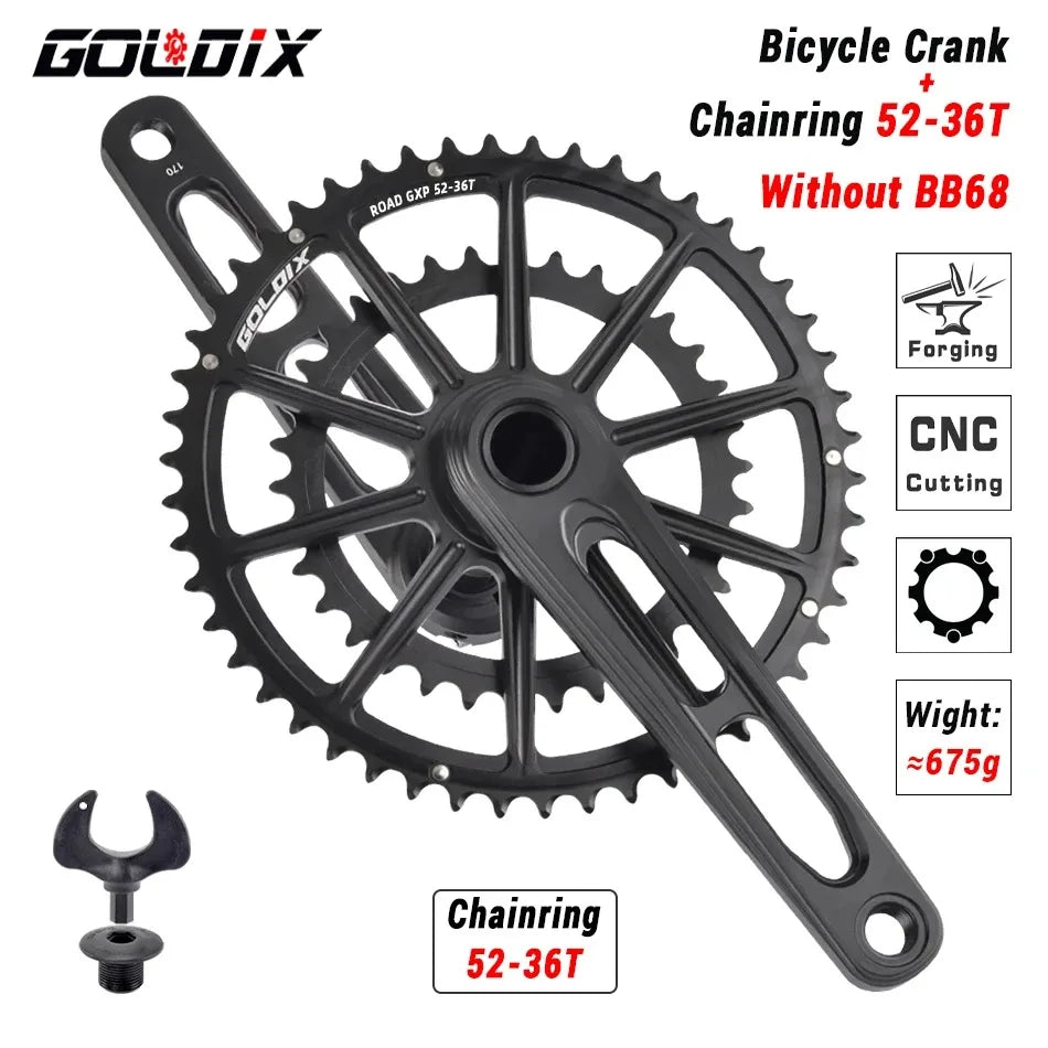 GOLDIX Ultralight Road Bike Crankset 50-34T/52-36T/53-39T for 3 Bolt Double Chainring 165/170/175mm Length Hollow Bicycle Crank