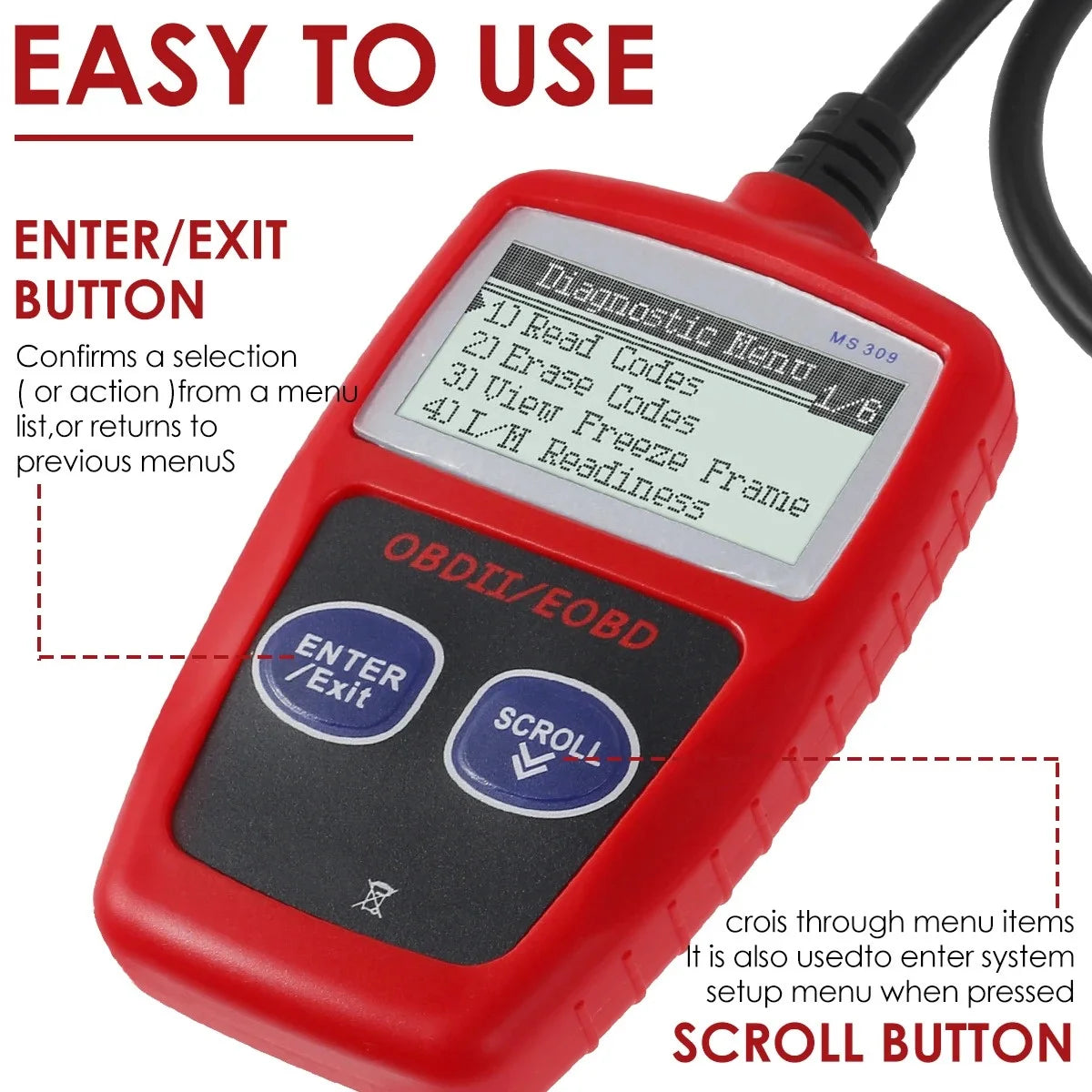 OBD2 Car Diagnostic Scanner Code Reader Fault Code Clear Tool, Red, 1pc