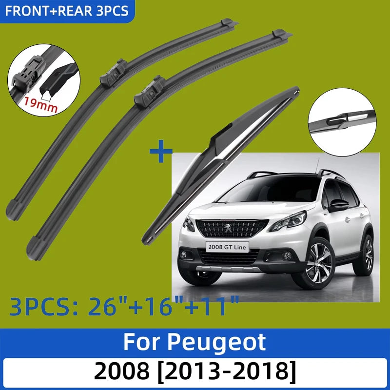 Windshield Wiper Blades Set for Peugeot 2008 2013-2018 26in 16in 11in Black 3pc