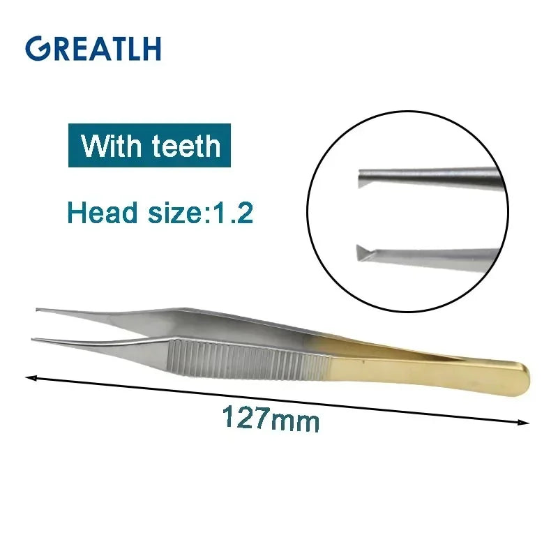 Autoclavable Stainless Steel Tissue Forceps with Golden Handle Teethed Forceps Ophthalmic Instrument 1pcs