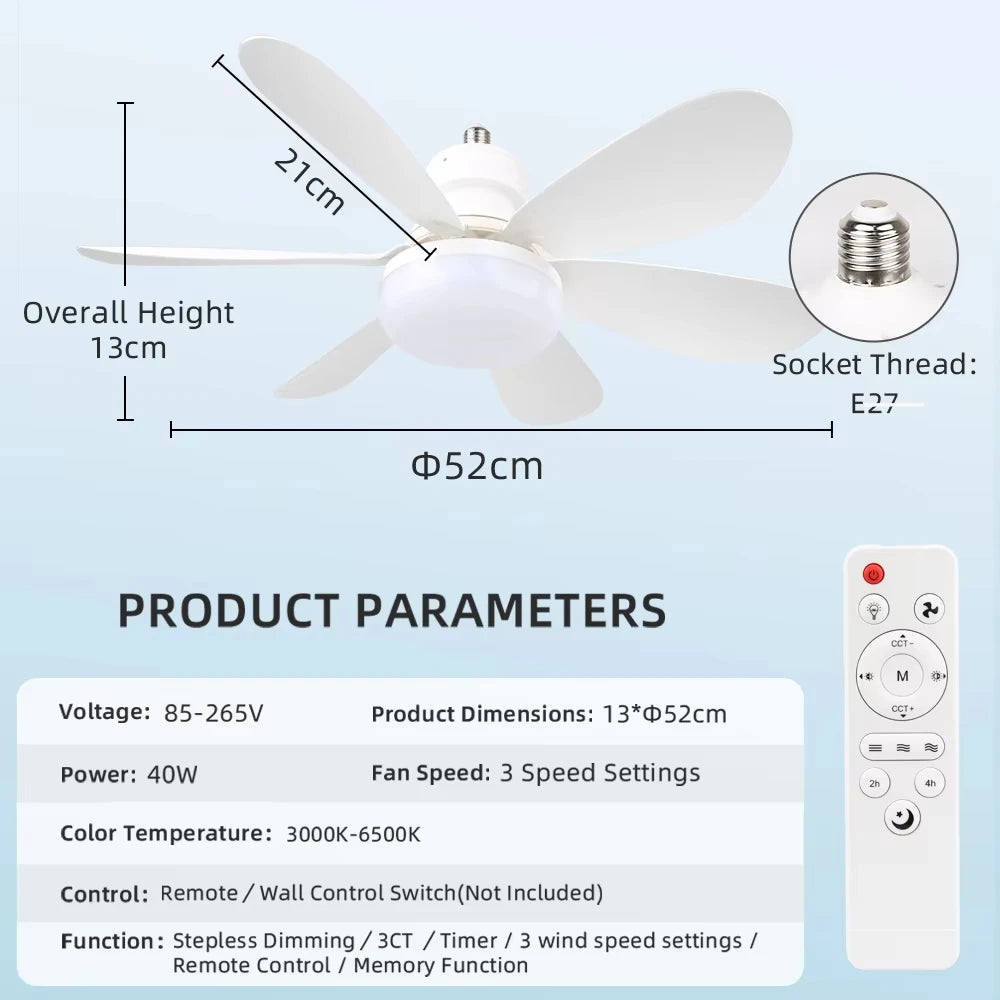 2026 New E27 Ceiling Fan Lamp Remote Control 110V 220V 3 Color Adjustable Modern Home Bedroom Living Room