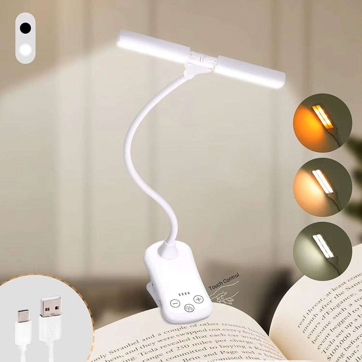 14 LED Clip On Book Light 3 Colors 8 Brightness Usb Rechargeable Night Light Portable Reading Light Book Lamp Mini Desk Lamp