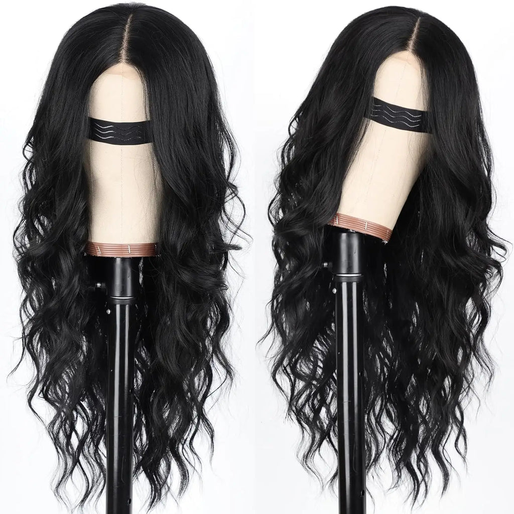 Women's Synthetic Lace Front Wig 26 Inch Long Wavy Middle Part Heat Resistant 1B Black