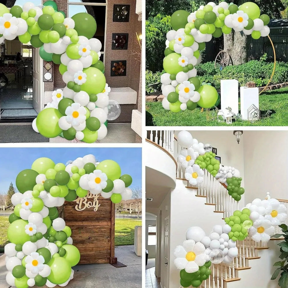 139pcs Green and White Daisy Balloon Set Suitable for Themed Birthday, Wedding, Engagement, Party, and Anniversary Decorations