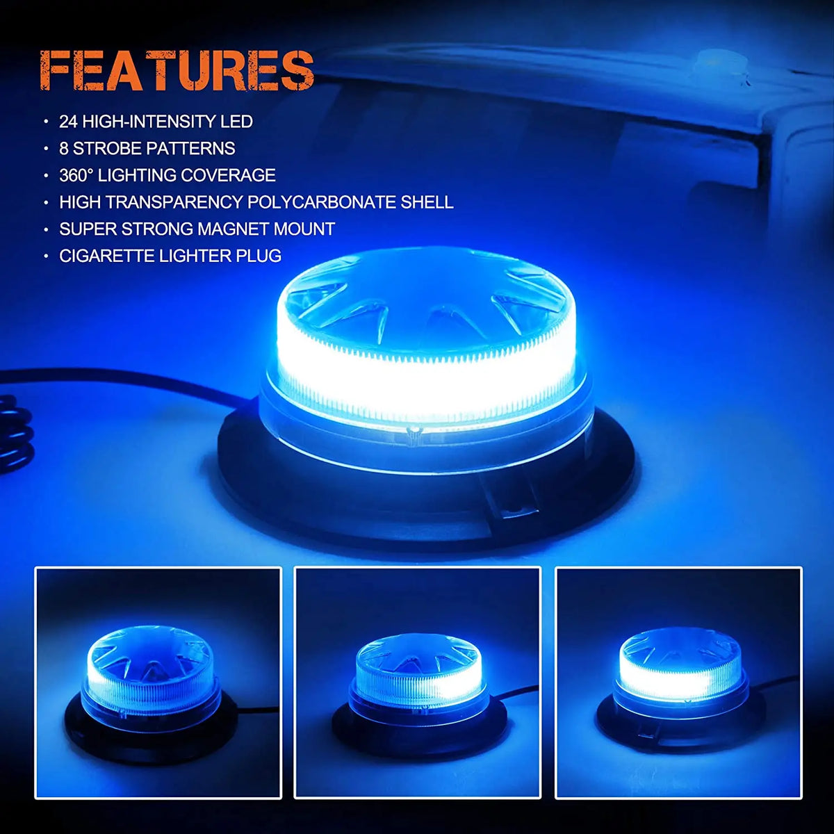 Magnetic Base LED Blue Emergency Strobe Light Car Police Roof Flashing Hazard Warning Light 12V/24V Vehicle Safety Beacon Lamp