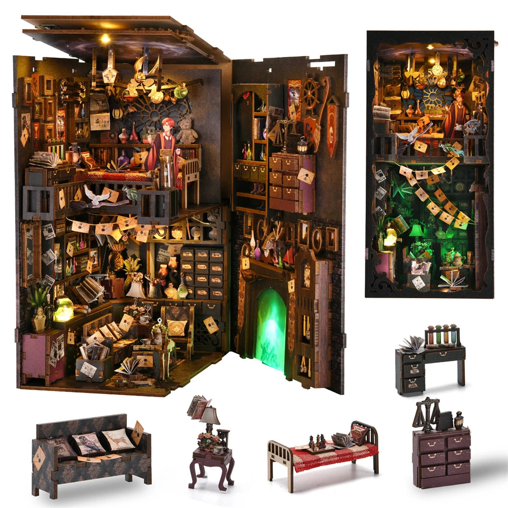 DIY Book Nook Kit 3D Wooden Puzzle Home Decoration DIY House Kit For Bookshelf Miniature Insert Magic Book House Stand Bookshelf