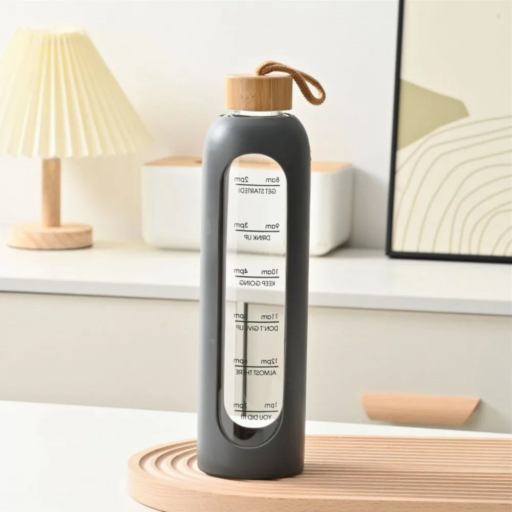 32oz 1L Time-marked Glass Water Bottles Drink Bottle Bamboo Lid Free of Lead Motivational Sport Silicone Sleeve Bottle