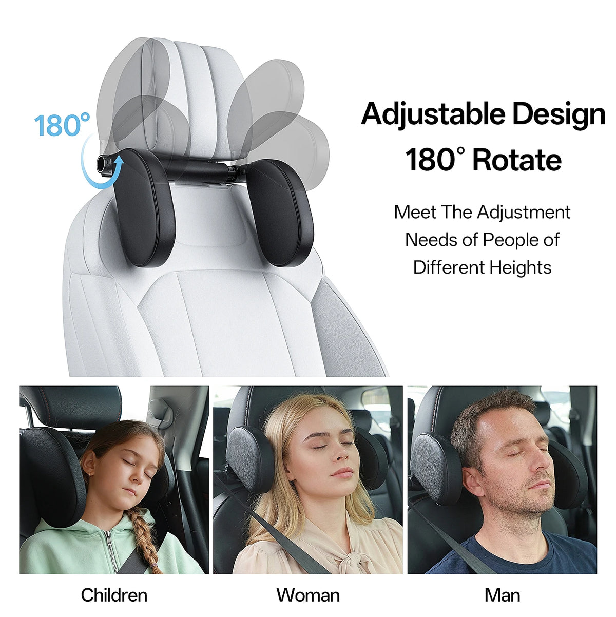 Car Headrest Neck Support Pillow with Hidden Hanger, 180° Rotating, Black Cloth/Leather