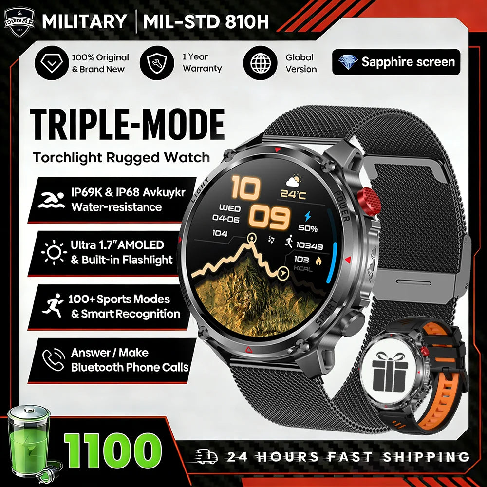 2026 New Fashion Luxury 1100mAh Battery 1.7-inch HD Screen Compass Wireless Call Flashlight 100+Sports Outdoor Sports smart