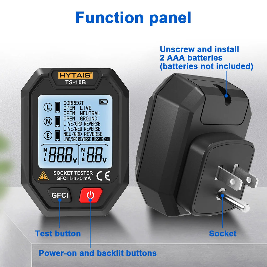 HYTAIS Digital Socket Tester Battery Power Smart Detector Large Backlit EU US UK Plug Ground Live Zero Line Polarity Phase Check