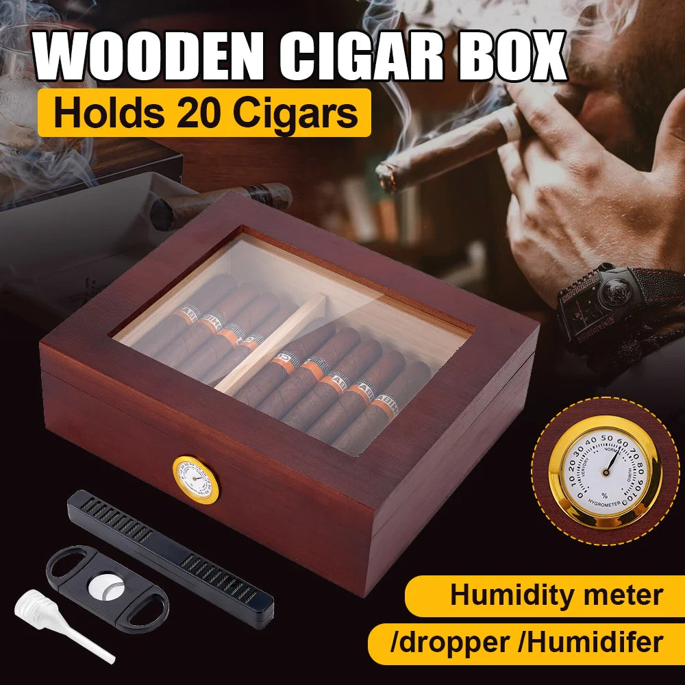 Cigar Humidor, Cedar Wood Desktop Humidors Case with Digital Hygrometer, Humidifier & Divider, Cigar Gift for Men, Glass Top Box