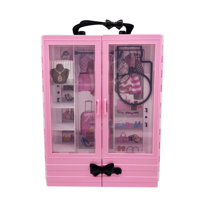 Pink Wardrobe with 10pcs Hangers Playset Doll Accessories Fashion Toys Fold-out Rack Portable Closet Birthday Christmas Gift