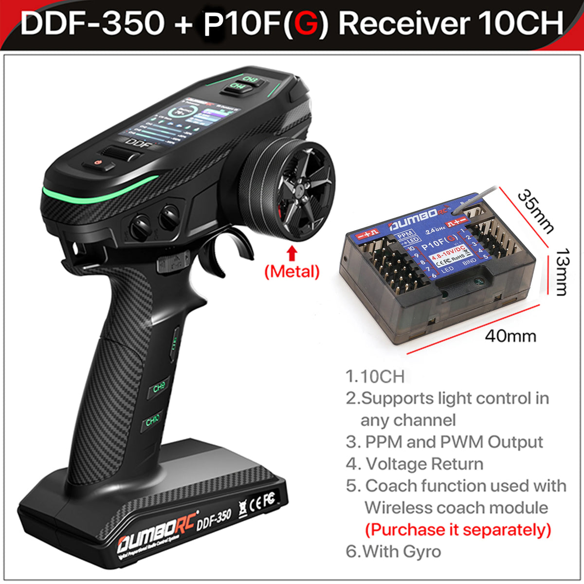 DUMBORC DDF-350 10CH Remote Controller 2.4G 10Channel Transmitter P6F P6DC Gyro Receiver for Drift Car Tank Boat Robot Toy Wltoy