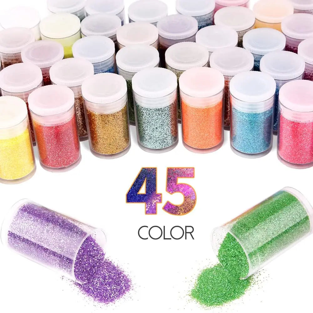 45 Colors Holographic Loose Glitter Mix Set - Chunky Hexagon + Fine Powder for Nail Art & Resin