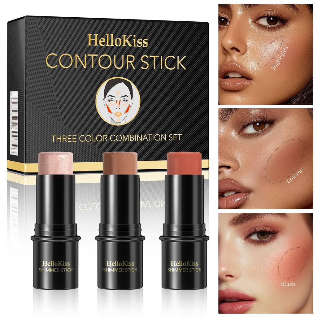 1 Set of 3 Contouring Sticks, Highlighter Sticks, and Blush Sticks, 3-Piece Cream Contouring Set, Creates Facial Contours, Non-Greasy