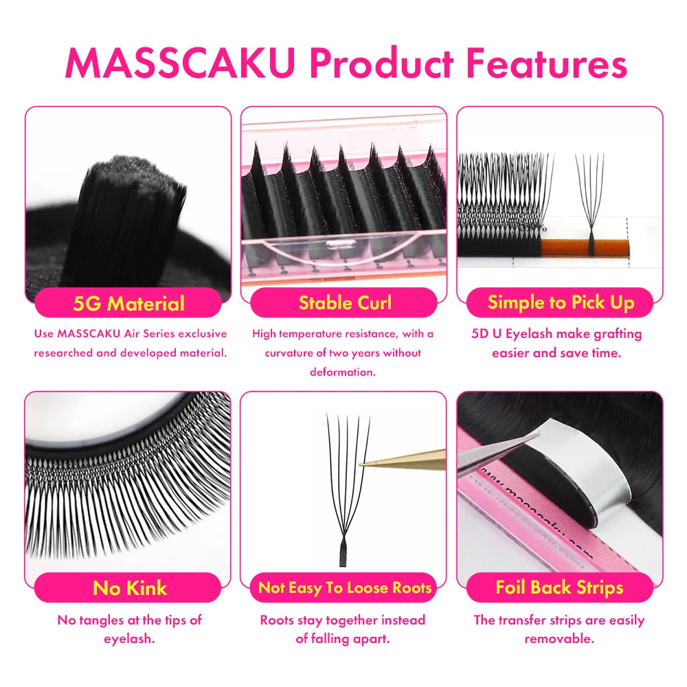 MASSCAKU U Shaped 3D/4D/5D/6D Eyelash Extensions 0.07mm Thickness Hand Woven Premade Fan U Eyelashes Ideal for Maquillaje Mujer