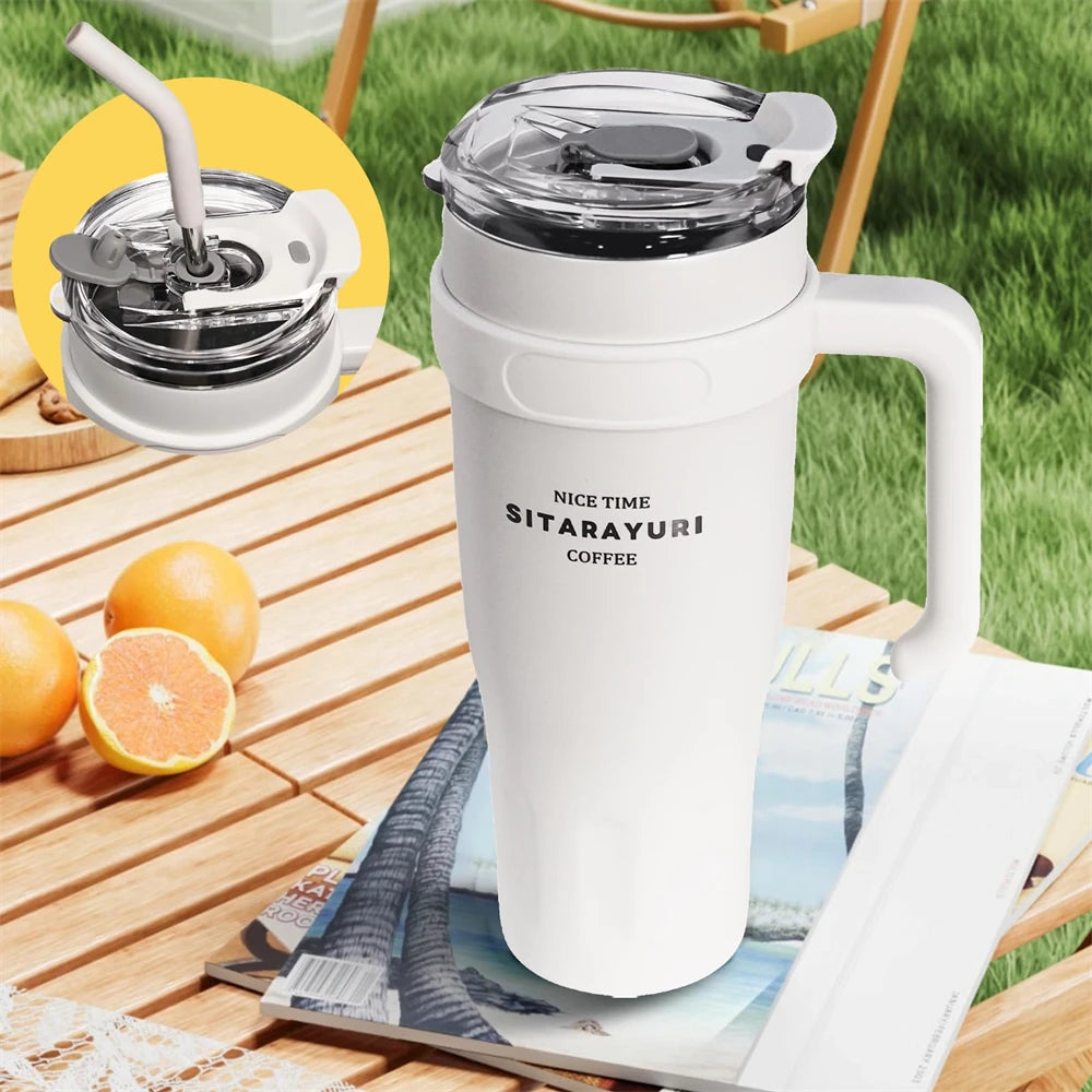 1pc Stainless Steel Ice Tumbler 38.55oz Insulated Cup with Handle & Straw Keeps Cold for 24 Hrs Car Insulation Cup Coffee Water