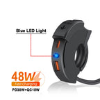 48W PD QC3.0 Motorcycle Handlebar USB Charger Socket, Waterproof Type-C Port, Switch/LED